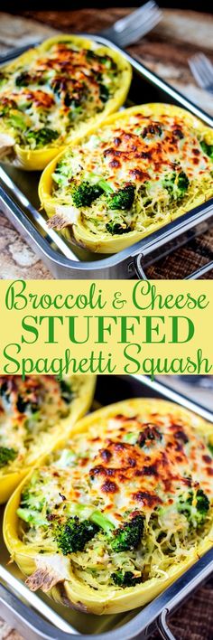 broccoli and cheese stuffed spaghetti squash casserole is shown in two separate pans