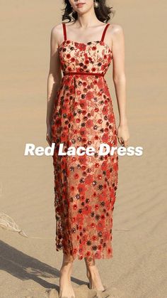 Beaded Midi Dress, Lace Party Dress, Lace Party Dresses, Vacation Dress, Red Lace Dress, Dress Beach, Holiday Dress, Red Prom Dress, Vacation Dresses