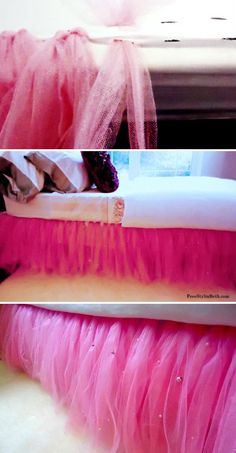 two pictures of pink and white furniture with tulle skirting on it's legs