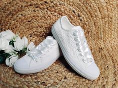 "Wedding converse for bride . Made with love for your wedding day by - More Wedding shoes at our shop : https://www.etsy.com/shop/ZorzosCollection?ref=seller-platform-mcnav It's not just the bride that can use a pair of customized Converse, they are suitable for the entire wedding party from your Maid of Honor, Bridesmaid, to the father of the bride they can match their footwear to their outfits. We can work with you to create the perfect dream couple of personalized wedding instructors. Choose Low-top Wedding Shoes With White Laces, Lace-up Wedding Shoes With Laces For Bride, Lace-up Wedding Shoes For Bride, Lace-up Wedding Shoes With Laces, Bride Wedding Shoes With Laces And Round Toe, Bride's Wedding Shoes With Laces And Round Toe, Round Toe Wedding Shoes With Laces, Bridal Wedding Shoes With Laces And Round Toe, Round Toe Lace Wedding Shoes