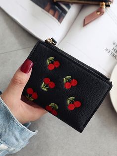 Women's Vertical Buckle Cherry Embroidery Short Wallet, Fashionable And Versatile Minimalist Coin Purse, PU Waterproof Lightweight, Suitable For Cash, Ideal Gift For Girls And Girlfriend School Supplies Teacher Gifts Back To School Black Cute,Elegant   PU Leather Graphic Small Wallet   Wallets & Cardholders, size features are:Bust: ,Length: ,Sleeve Length: Cute Wallets Fabric, Present For Girlfriend, Back To School Gifts For Teachers, Purse Essentials, Estilo Preppy, Short Wallet, Wallet Organization, Zipper Wallet, Small Wallet