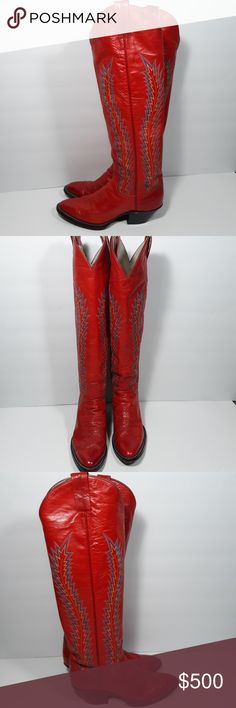 LARRY MAHAN Knee Hi Red Leather Cowboy Boots 5 Larry Mahan Fire Red Vintage Knee Hi Cowboy Boots Size: 5 Shaft height: 15" Heel to toe: 8.5" Width: 3" Circumference: 12" - Fire engine red in color - Glazed leather upper - pointed toe - Fire embroidered design on side - Pull on style- - Welted construction - 2" heels Gorgeous! Amazing vintage condition! These fabulous boots will never go out style. Perfect with skinny jeans! Rare Knee hi design! Beautiful color and detailing. This is a rare buy! Red Western Boots For Formal Occasions, Western Red Knee-high Boots, Red Western Knee-high Boots, Fitted Red Vintage Boots, Vintage Red Boots With Leather Sole, Red Fitted Boots With Leather Lining, Fitted Red Boots With Leather Lining, Leather Cowboy Boots, Red Vintage