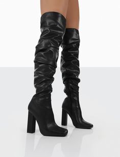 Cassia Black Square Toe Block Heel Over The Knee Boots Gold Stiletto Heels, Public Desire Shoes, Ankle Boots Dress, Utility Skirt, Girl Boots, Boots Uk, Mini Handbag, Military Boots, Skirt Co Ord