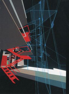 an abstract painting with red and blue lines on black background, including the bottom part of a staircase