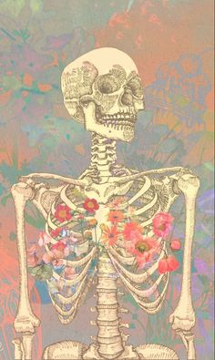 a drawing of a skeleton with flowers on it's chest and arms, sitting in front of a pink background