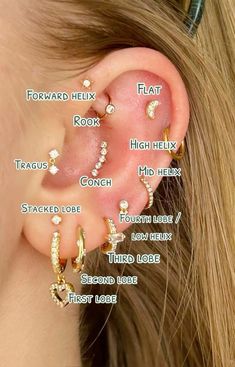 a woman's ear is shown with different types of piercings on her ears