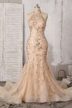 Halter Mermaid Dress, Lace Mermaid Prom Dress, Rose Gold Prom Dress, Sparkly Champagne, Trumpet Prom Dress, Prom Dress Ball Gown, Lace Mermaid Dress, Long Mermaid Dress, Prom Fashion