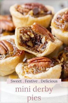 several pecan pies on a white plate