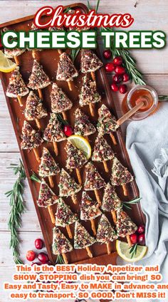 christmas cheese trees on a tray with cranberries and lemons