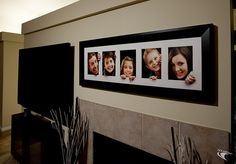 a fire place with pictures hanging on the wall and plants in vases next to it