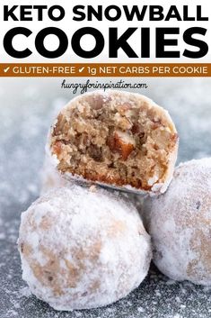 three snowball cookies stacked on top of each other with text overlay reading keto snowball cookies