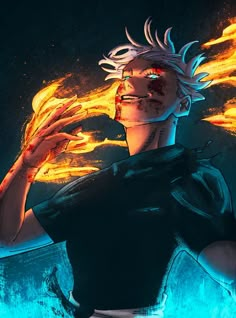 a man with white hair and blue eyes holding fire in his hands