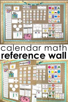 the calendar math reference wall is shown in two different pictures and has an image of a pig