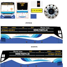 the front and back side of a bus with blue waves on it's decals