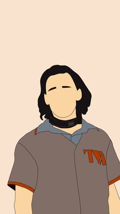 a drawing of a man with long hair wearing a gray shirt and orange trim around his neck