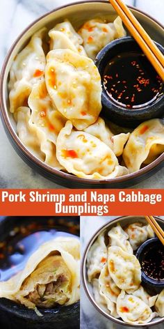 pork shrimp and napa cabbage dumplings in a bowl with chopsticks