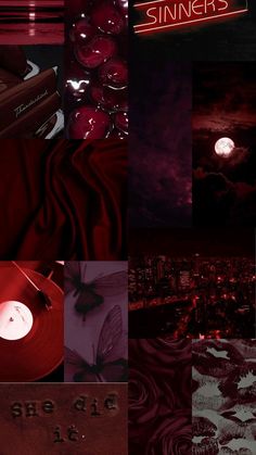 a collage of images with red and black colors