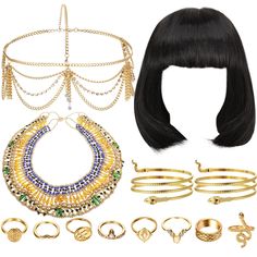 PRICES MAY VARY. Package Includes: you will receive 1 piece of short black bob wig, 1 piece of collar necklace, 1 piece of tassel head chain, 2 pieces of snake arm cuffs and 8 pieces of finger rings, which can meet your needs of use and replacement for holidays, and you can also share them with others Attractive and Novel: the short black bob wig and jewelry accessories are delicate and stylish, and the jewelry accessories are designed with the shape of snake, eye catching and attractive, making Egyptian Wig, Halloween Egyptian, Short Black Bob, Egyptian Headpiece, Snake Arm Cuff, Egyptian Goddess Costume, Egyptian Halloween, Head Chain Jewelry, Headpiece Accessories