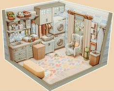 an illustration of a kitchen with a washing machine and other items in the room around it