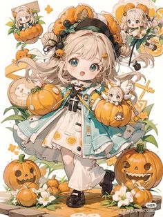 an anime character with pumpkins and other decorations