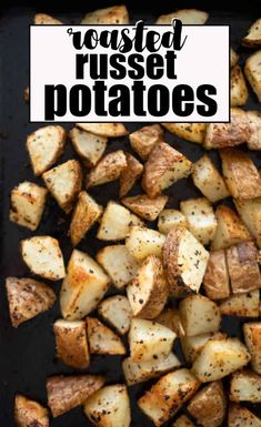 roasted potatoes in a skillet with text overlay