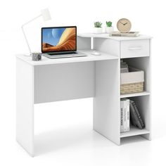 a white computer desk with a laptop on it and bookshelf underneath the desk