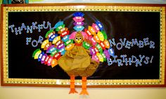 a turkey made out of construction paper sitting in front of a blackboard