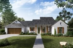 a white house with brown shutters in the front yard and trees on either side