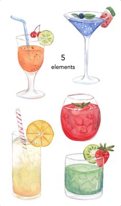 four different types of drinks in glasses with strawberries and limes