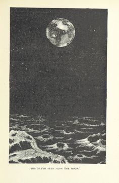 an image of the moon over the ocean with waves in front of it and stars on the sky