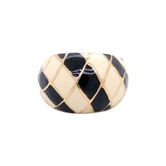 Stunning vintage enamel large dome ring by MAZ. The ring is beautifully crafted in 14K yellow gold and features black and white diamond shapes enameled in a checkers design. This dome ring measures 14.9mm wide. The ring is stamped "14K" and Hallmarked "MAZ" on the inside. This is a rare ring that would make a great addition to any collection and everyday use. This is a vintage ring in good condition. The enamel on the sides of the ring has some slight discoloration. The Ring is size 6.5 and can Antique Jewelry Rings, Dome Ring, Enamel Ring, Domed Ring, Vintage Designer, Vintage Ring, White Ring, White Enamel, Metal Rings