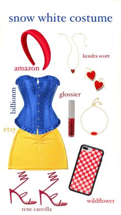 snow white costume with accessories including lipstick, cell phone and other things to wear for halloween