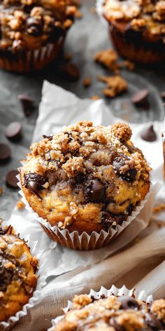 chocolate chip muffins with crumbs on top