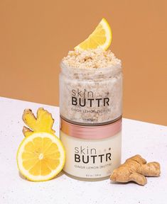 Now in new GLASS jars ✨ Our “Ginger Lemon BUTTR” satisfies the skin in super hydrating form while scented with fresh lemon, and perfectly balanced with soothing ginger. 100% whipped shea body “BUTTR” that softens, moisturizes, and takes the skin to new levels that GLISTEN and GLOW! All of our BUTTR’s are formulated to have the skin tropically glistening while still allowing the skin to breathe, and smell nothing short of amazing all day long! Ingredients: Butyrospermum Parkii (Shea Butter) , Ric Sorbet Photography, Scrub Product Photography, Cookie Photoshoot, Winter Body Butter, Black Skincare, Beauty Product Photography, Product Photography Ideas, Lemon Scrub, Creative Product Photography