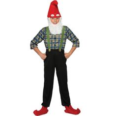 a little boy dressed up as an old man with a red hat and suspenders