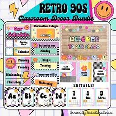 the retro 90's classroom decor bundle includes posters, stickers and other items