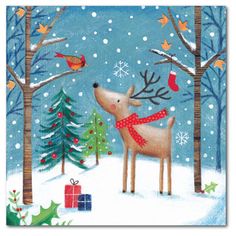 a painting of a reindeer in the snow with christmas trees and birds on it's back