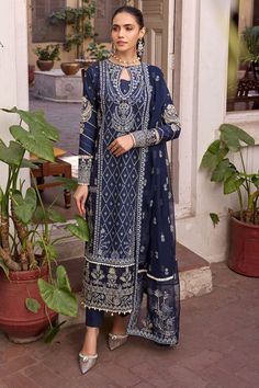 Pakistani Eid Dress in Blue Embroidered Long Kameez Trousers Embroidery On Blue Fabric, Pakistani Design, Long Kameez, Eid Dress, Dress Event, Lawn Design, Organza Sleeves, Eid Dresses, Embroidery Threads