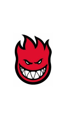 an angry red monster face with fangs on it's head and teeth, as well as