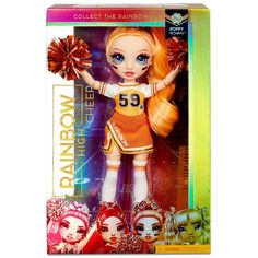 a doll with blonde hair and blue eyes holding a cheerleader pom pom