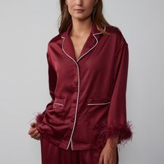 Long Sleeve Feather Trim Pajama Top In Red Burgundy. Front Pockets And Front Button Closure Feather Trim, Red Burgundy, Pajama Top, Burgundy Red, Red Purple, Women's Intimates, Color Purple, Pajamas, Trim