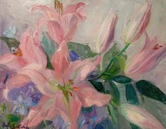 a painting of pink flowers in a vase