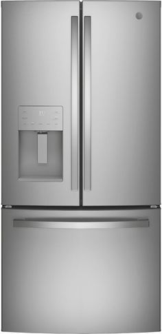 a stainless steel refrigerator freezer with the door open and water dispenser