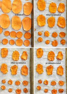 the process of making sweet potato chips is shown here in four different stages, including peeling and uncooked