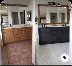 before and after photos of a bathroom remodel with tile flooring, wood cabinetry, and large mirror