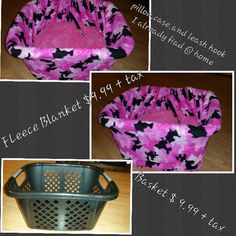 four different pictures of the same pink and black dog bed with holes in each side