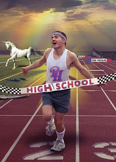 a man running on a race track with a rainbow in the background and an image of a horse behind him