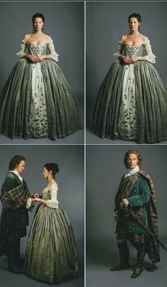 four different pictures of people dressed in period costumes