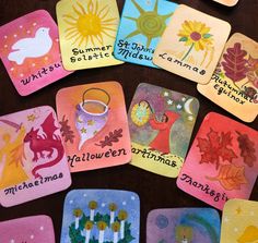 the colorful coasters are decorated with images of witches and other things that appear to be from different countries