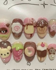 cute nails aesthetic gyaru pink dark colors pretty Neapolitan Nails, Domo Nails, Cutecore Nails, Cute Nails Aesthetic, Rilakkuma Nails, Gyaru Pink, Ig Stickers, Ice Cream Nails, Kawaii Nail Art